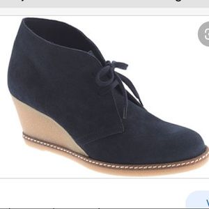 J. Crew Navy Suede Lace-Up Wedge Ankle Booties with Tan Wedge
